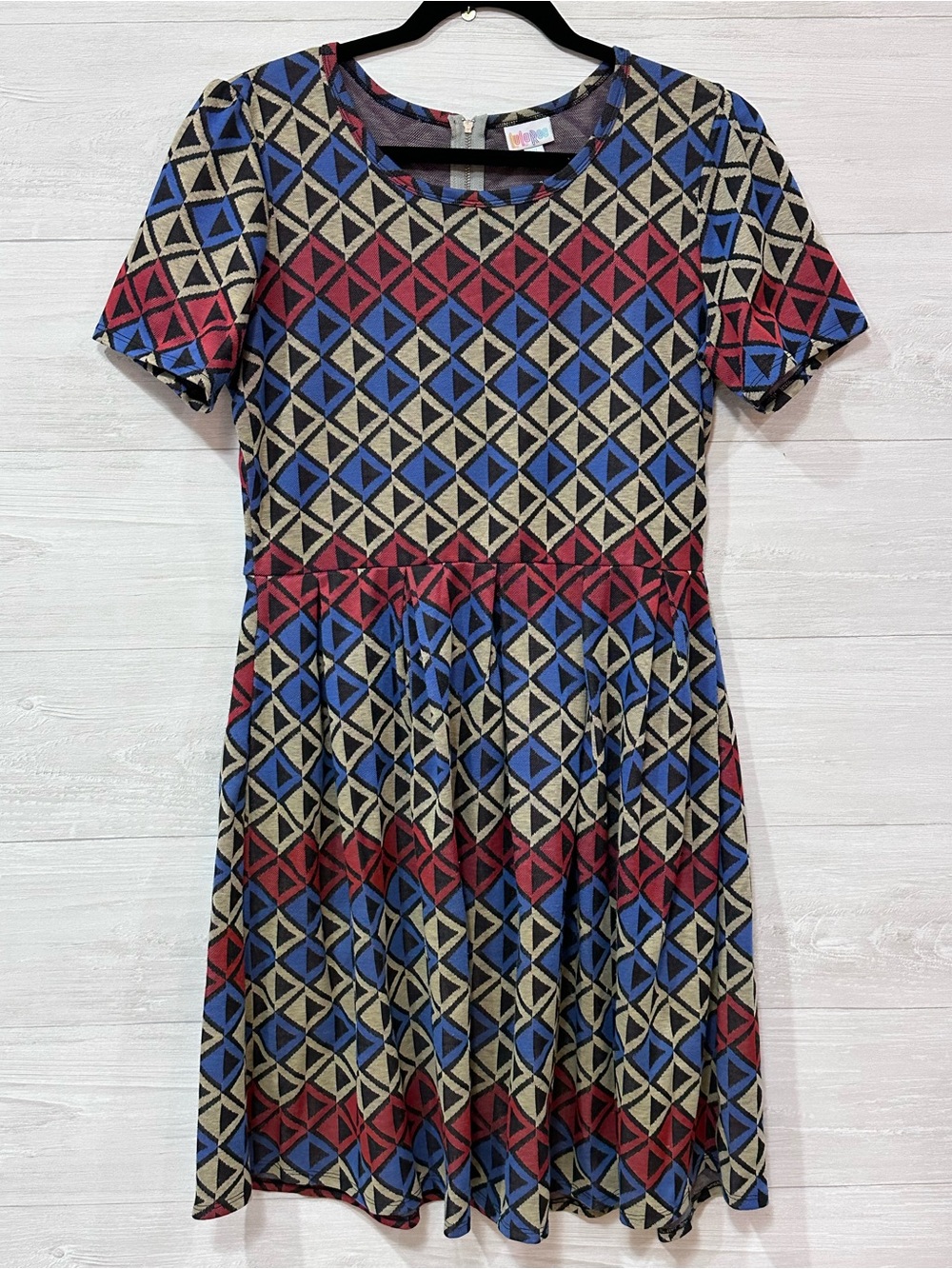 2XL LuLaRoe Amelia Dress in Blue, Red, Tan Geometric Design